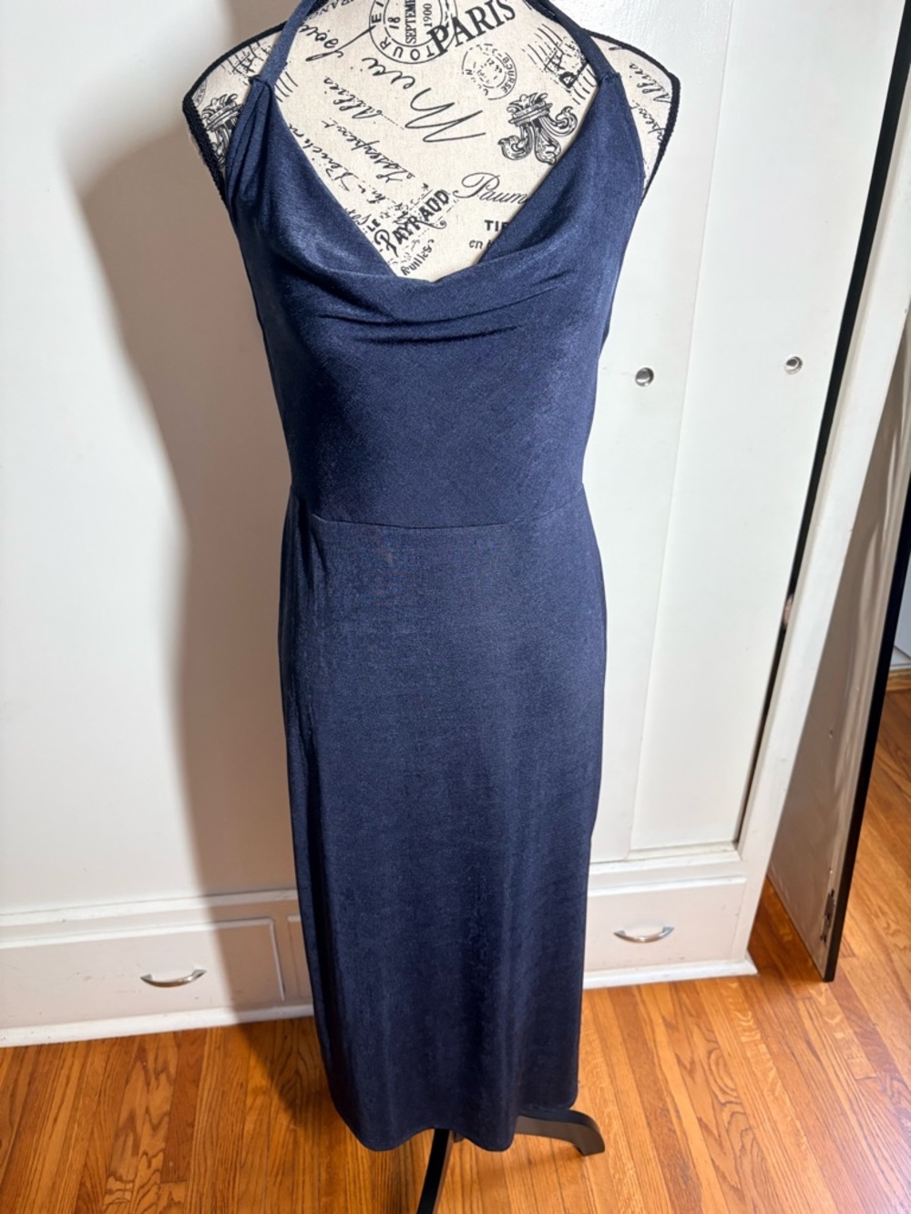 Satin Cowl Neck Halter Midi Dress in Pewter